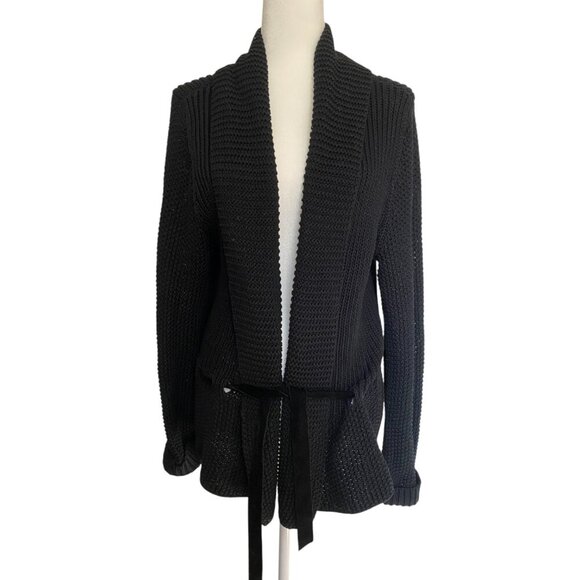 Ralph Lauren Black Sweater Chunky Knit Cardigan w/ Velvet Belt XL - Picture 1 of 6